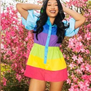 QUEEN OF SPARKLES Teal, Navy, Purple, Green, Yellow & Magenta Colorblock Romper
